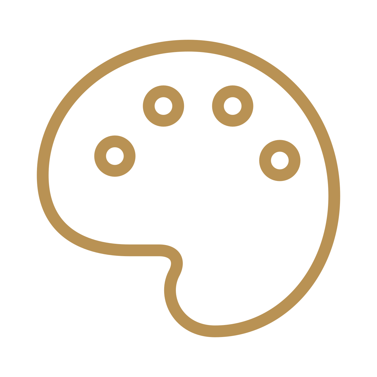 A simple line drawing of an artist's paint palette with five paint blobs.