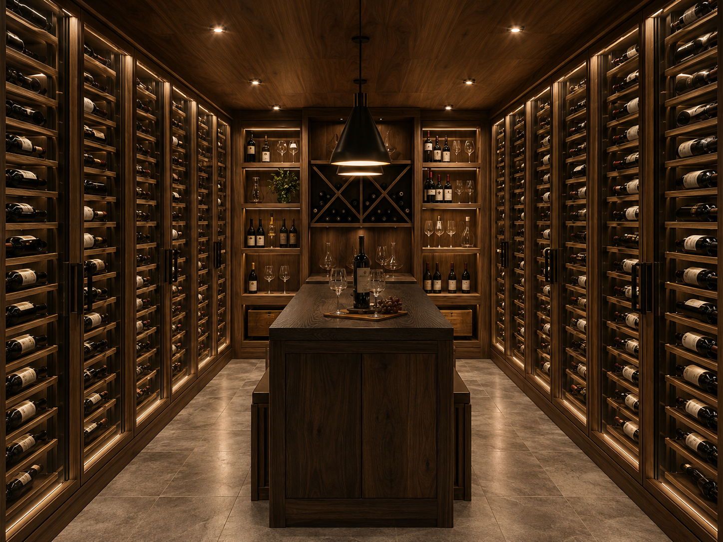 alk-in wine cellar with illuminated timber storage and central tasting island