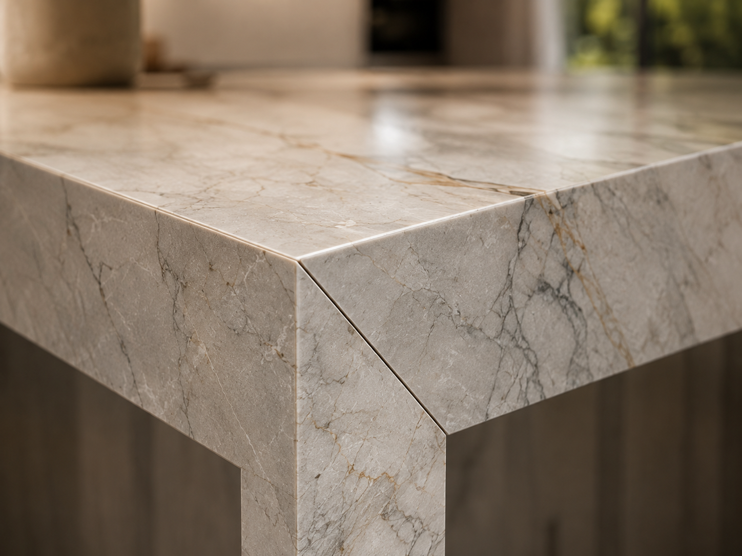 Precision mitred edge detail on a pale veined stone worktop