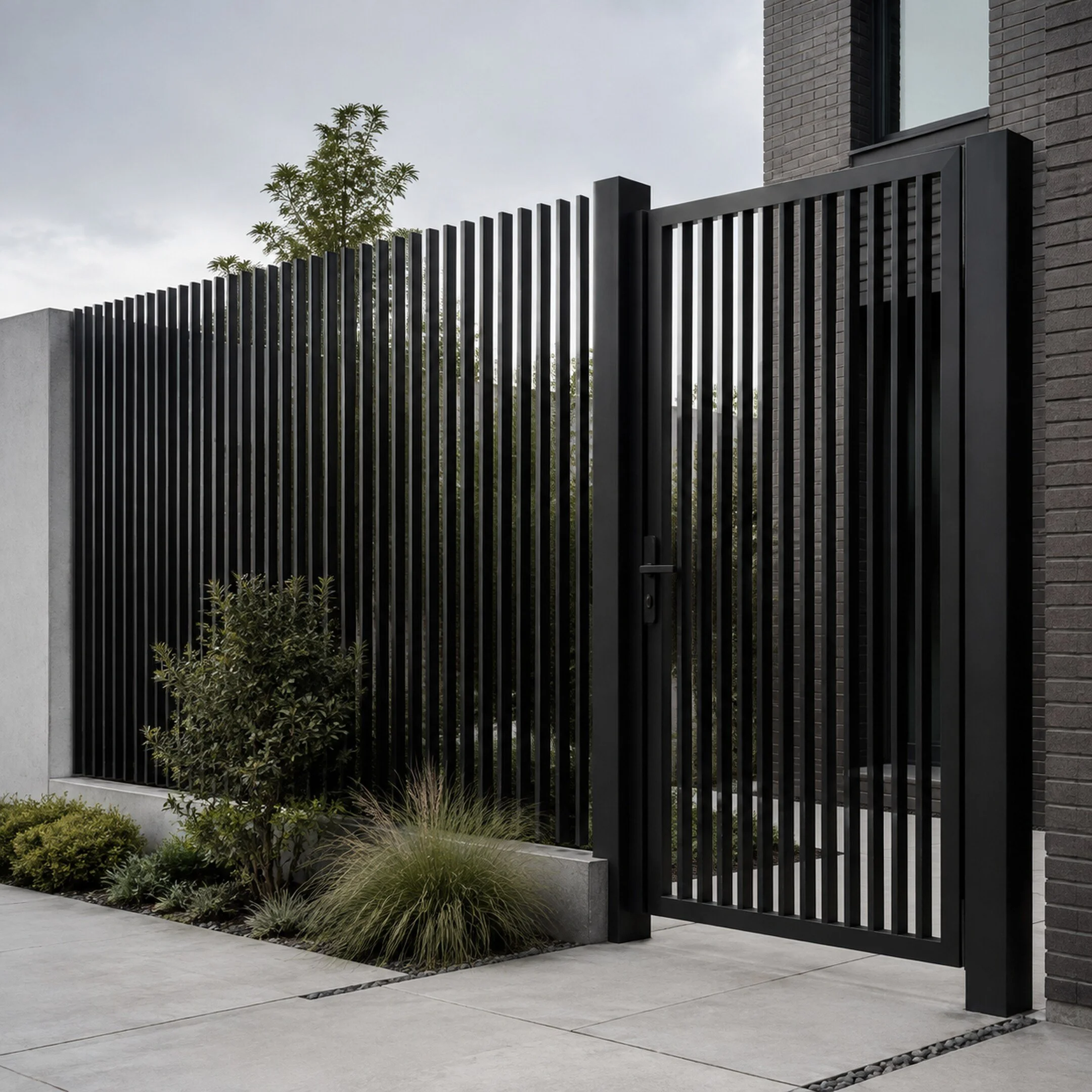 Matte black steel entrance gate and vertical privacy screen at a contemporary UK residence.