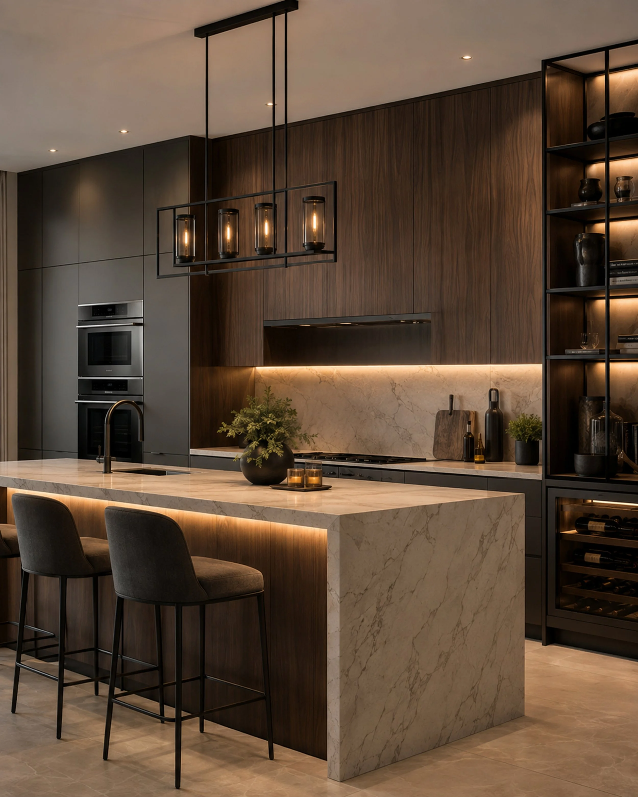 Black steel-framed glass room enclosure within a contemporary penthouse interior