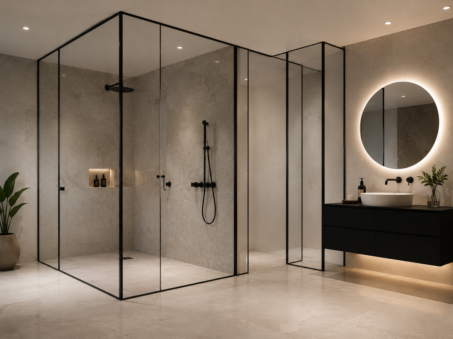 Bespoke frameless glass shower enclosure in a luxury bathroom interior