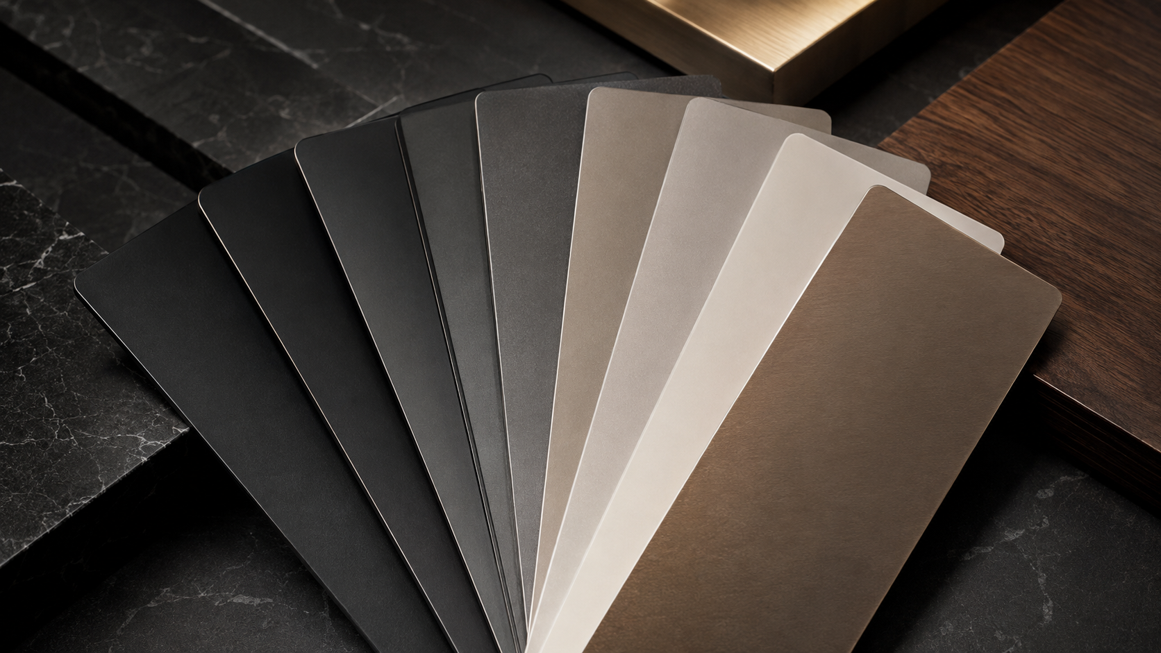 Architectural powder-coated metal samples in black, grey, ivory, taupe and bronze tones