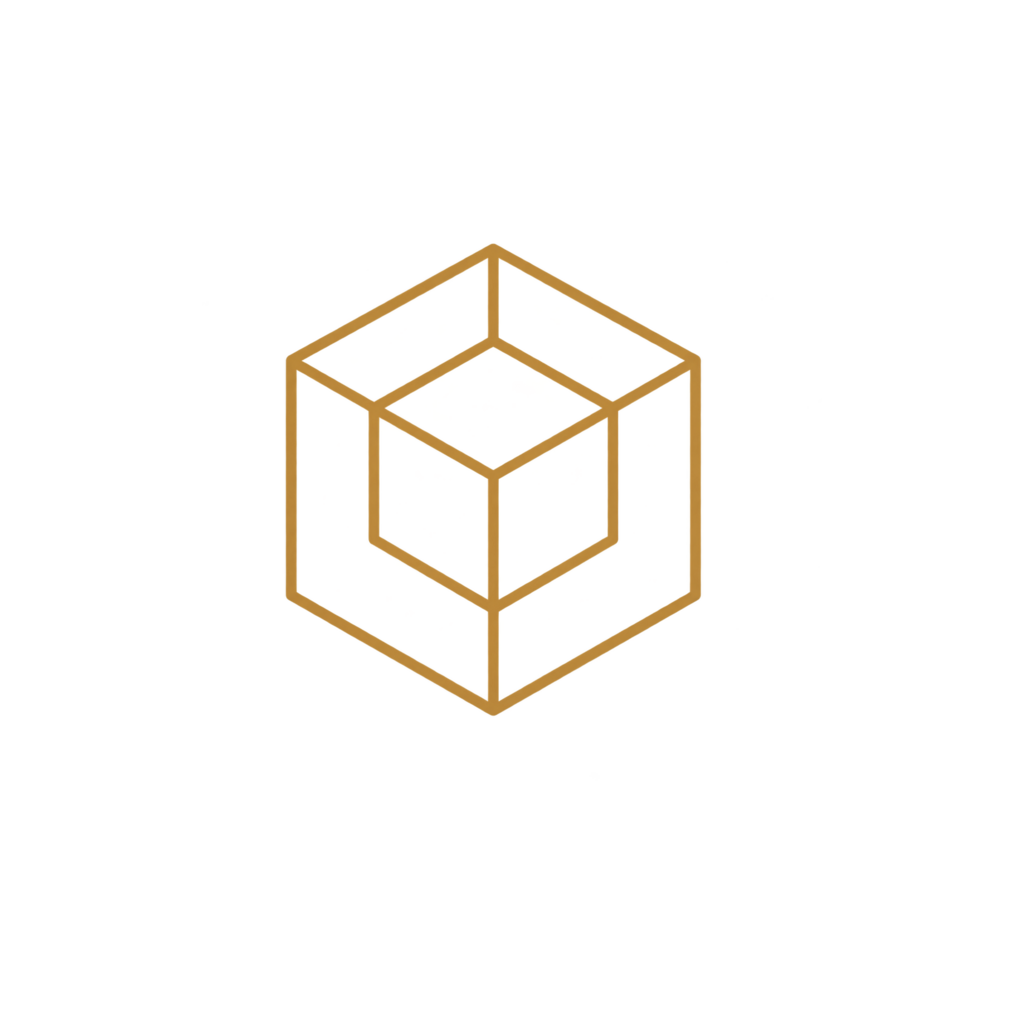 A three-dimensional illustration of a cube with a smaller cube inside, outlined in yellow, set against a black background.