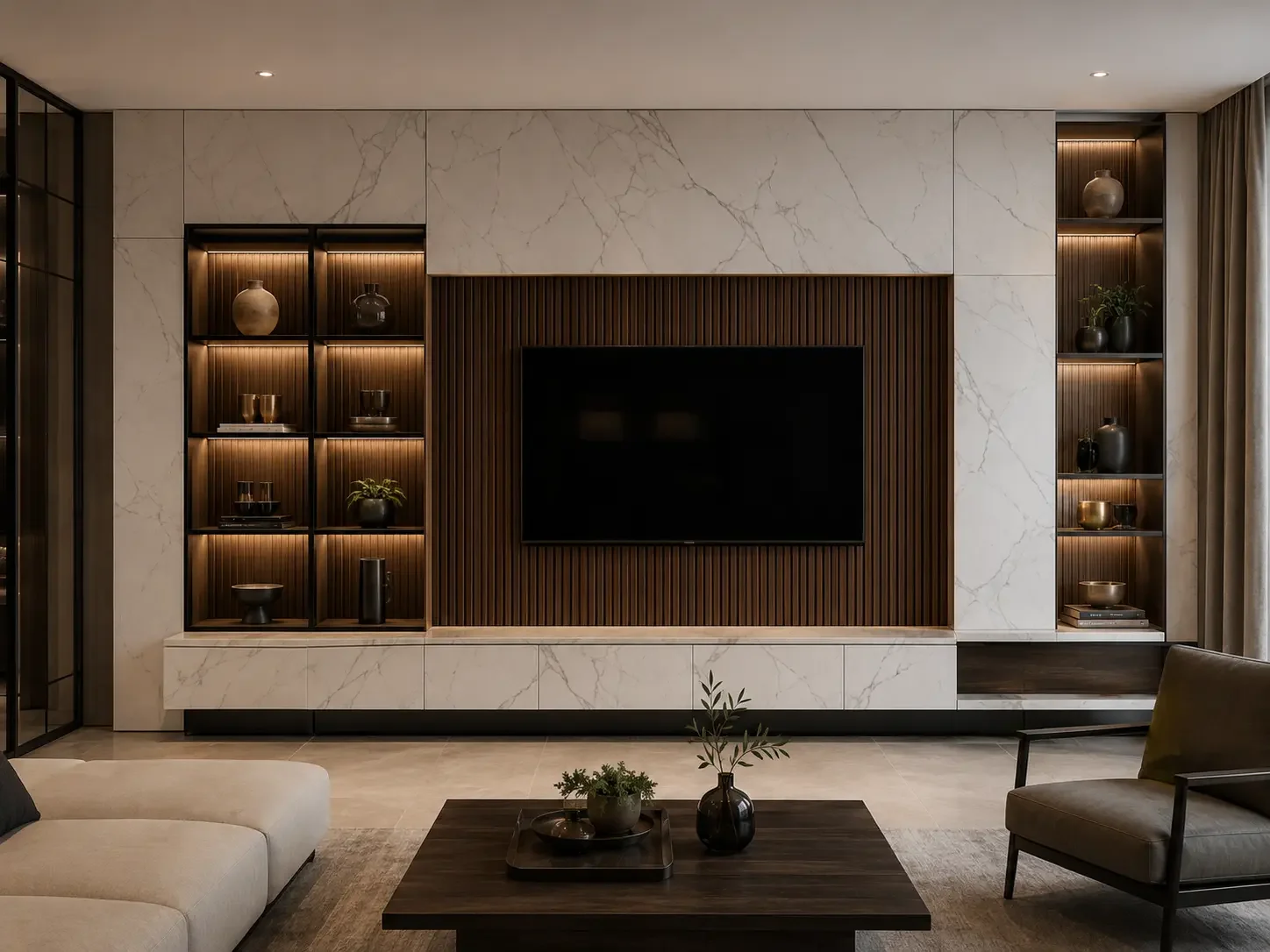 Bespoke marble and walnut media wall with illuminated display shelving