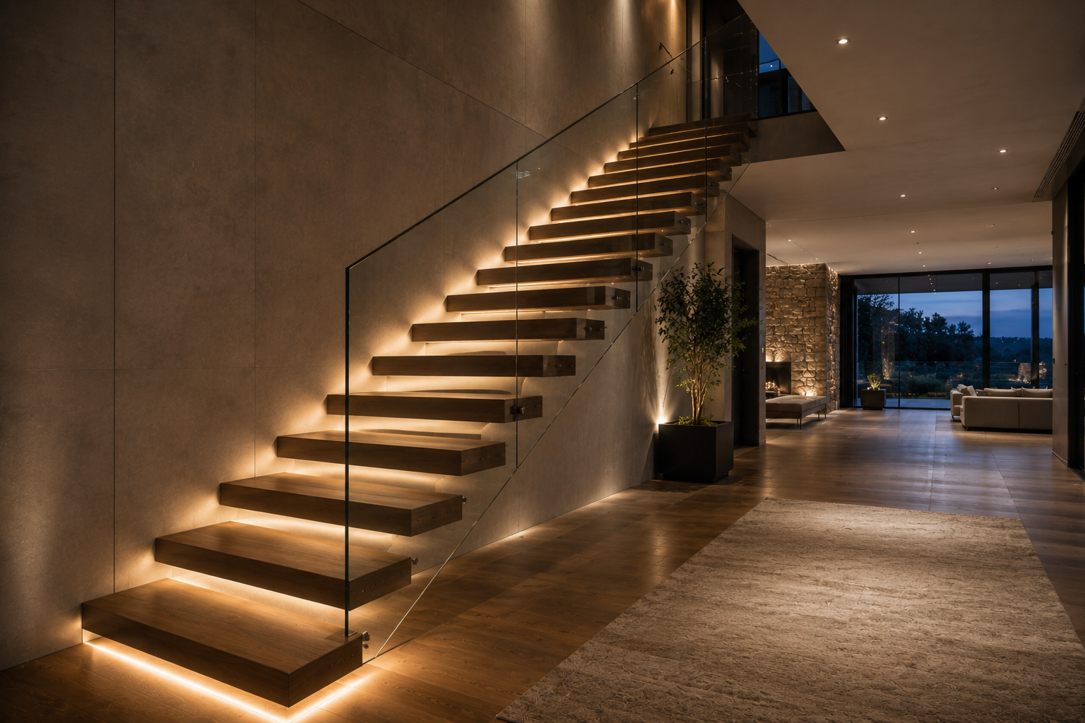 Floating staircase in a modern foyer