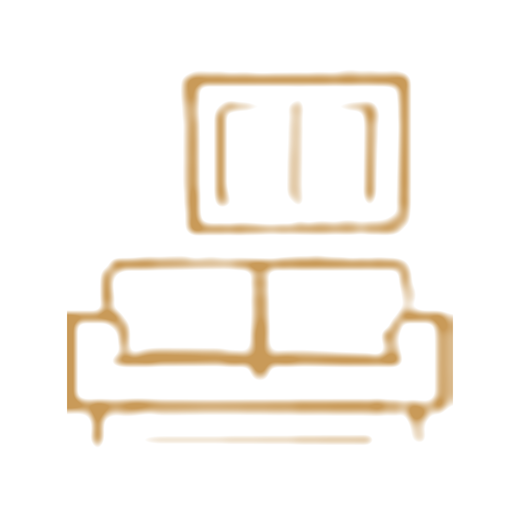 A simple line drawing of a sofa with a framed picture hanging above it.
