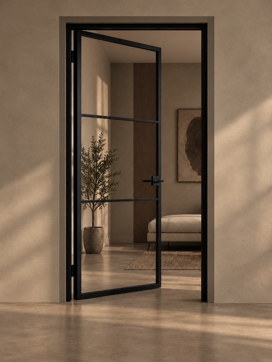 Bespoke black steel single hinged glass door in a contemporary interior