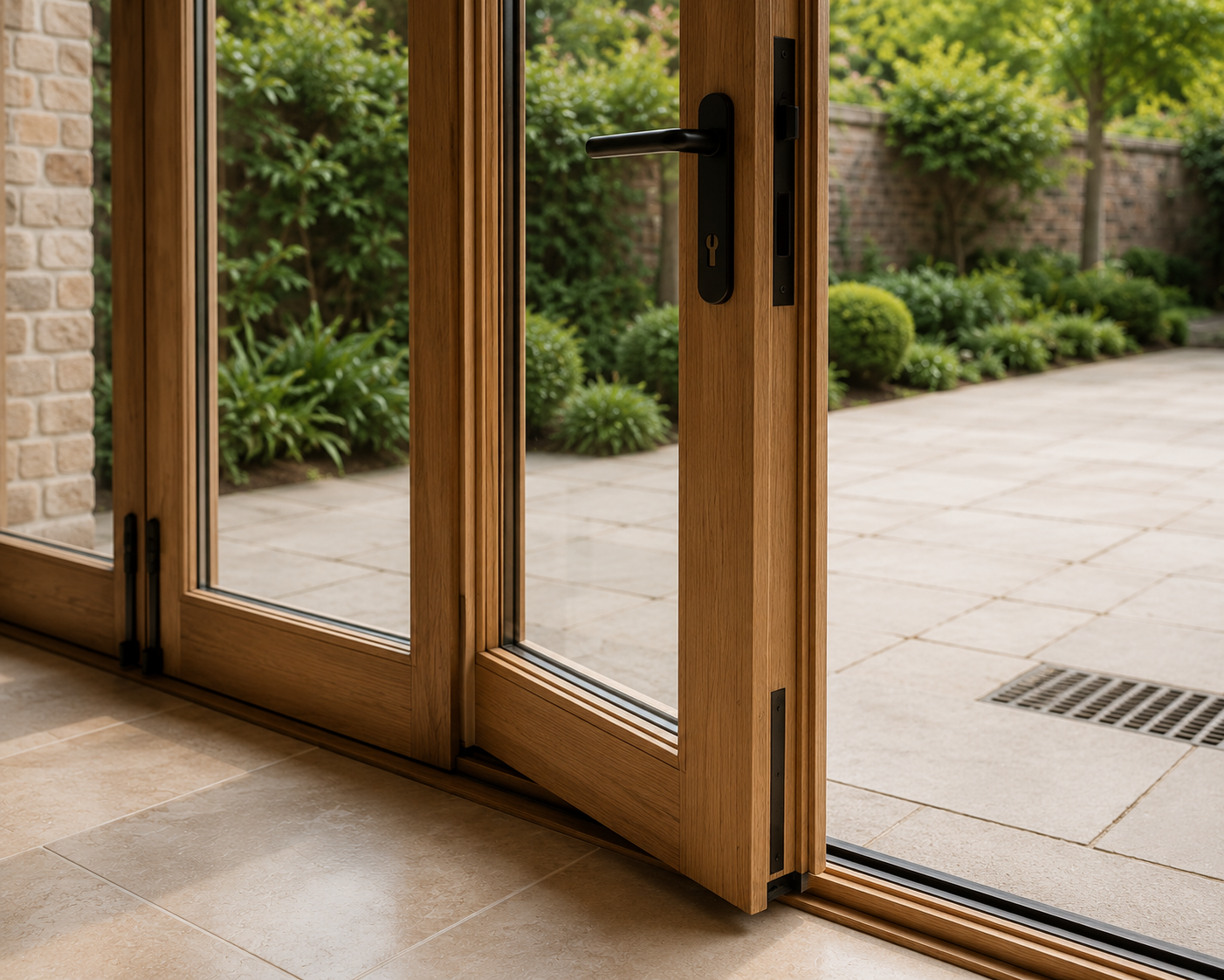 Wood-framed door opening to garden
