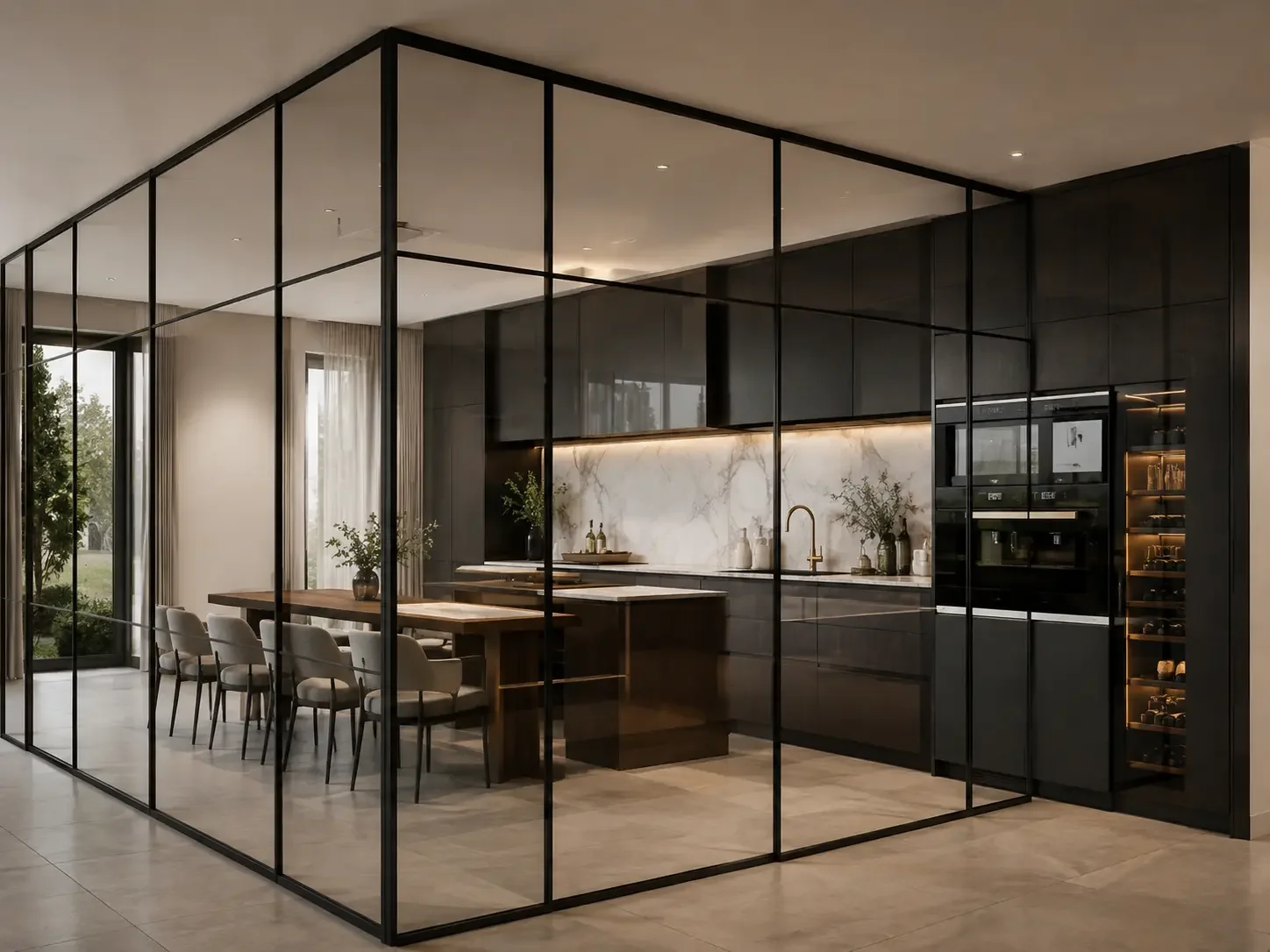 espoke black steel and glass enclosure surrounding a contemporary kitchen