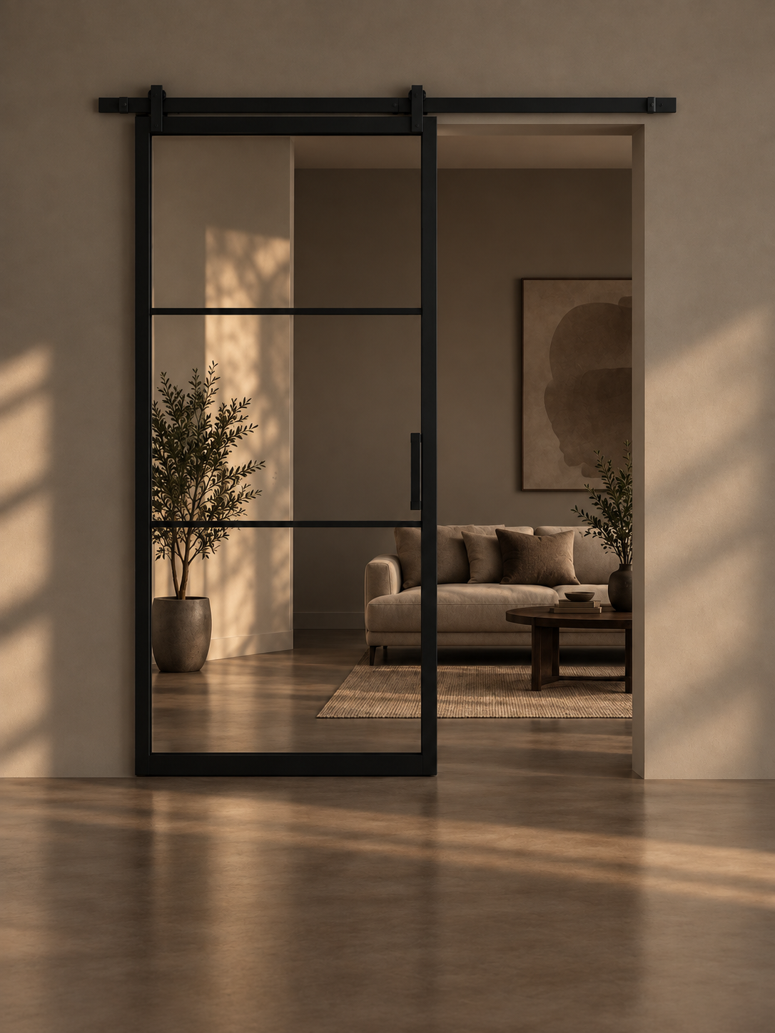Black steel framed sliding glass door connecting contemporary living spaces