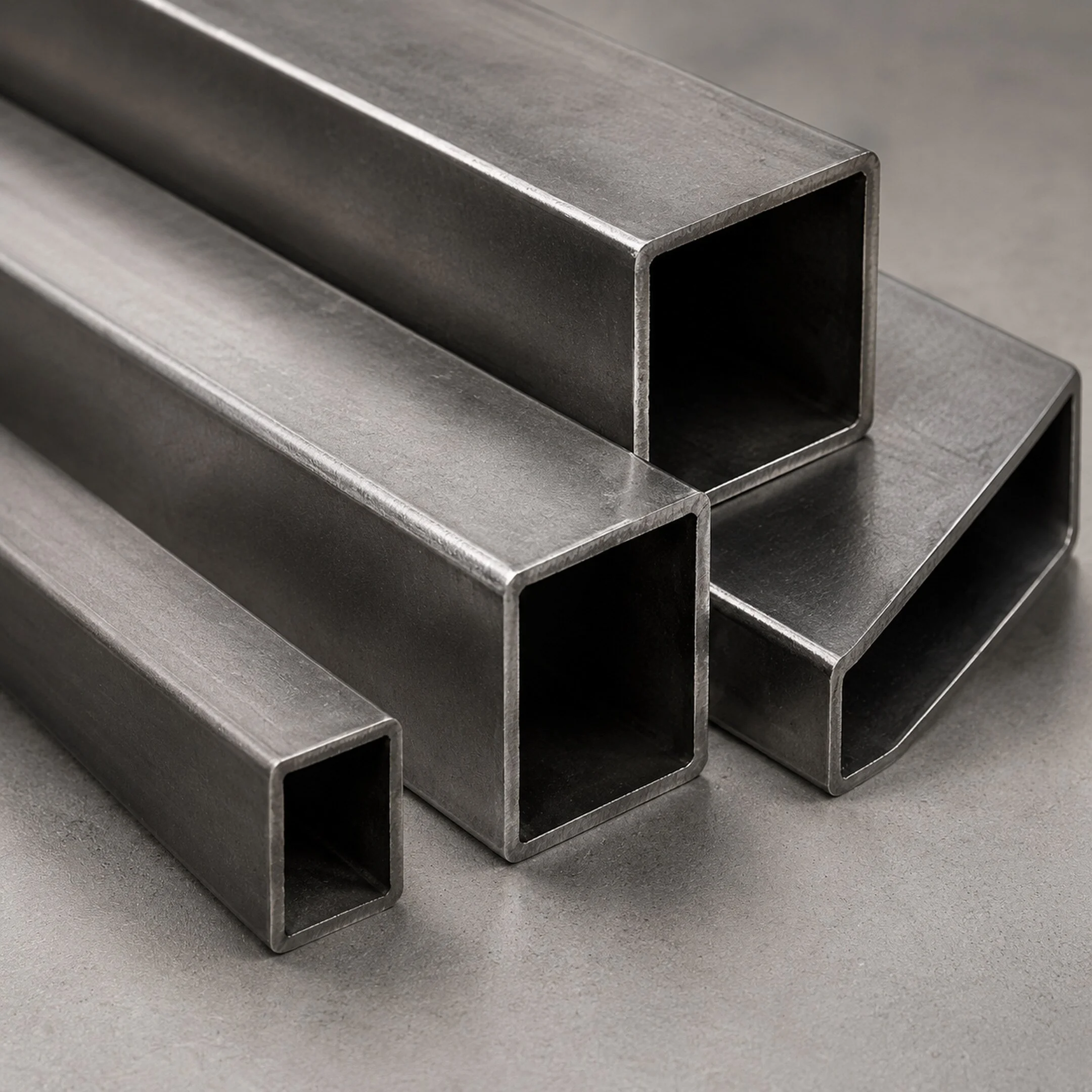 Close-up of square and rectangular steel hollow sections with precisely cut open ends.