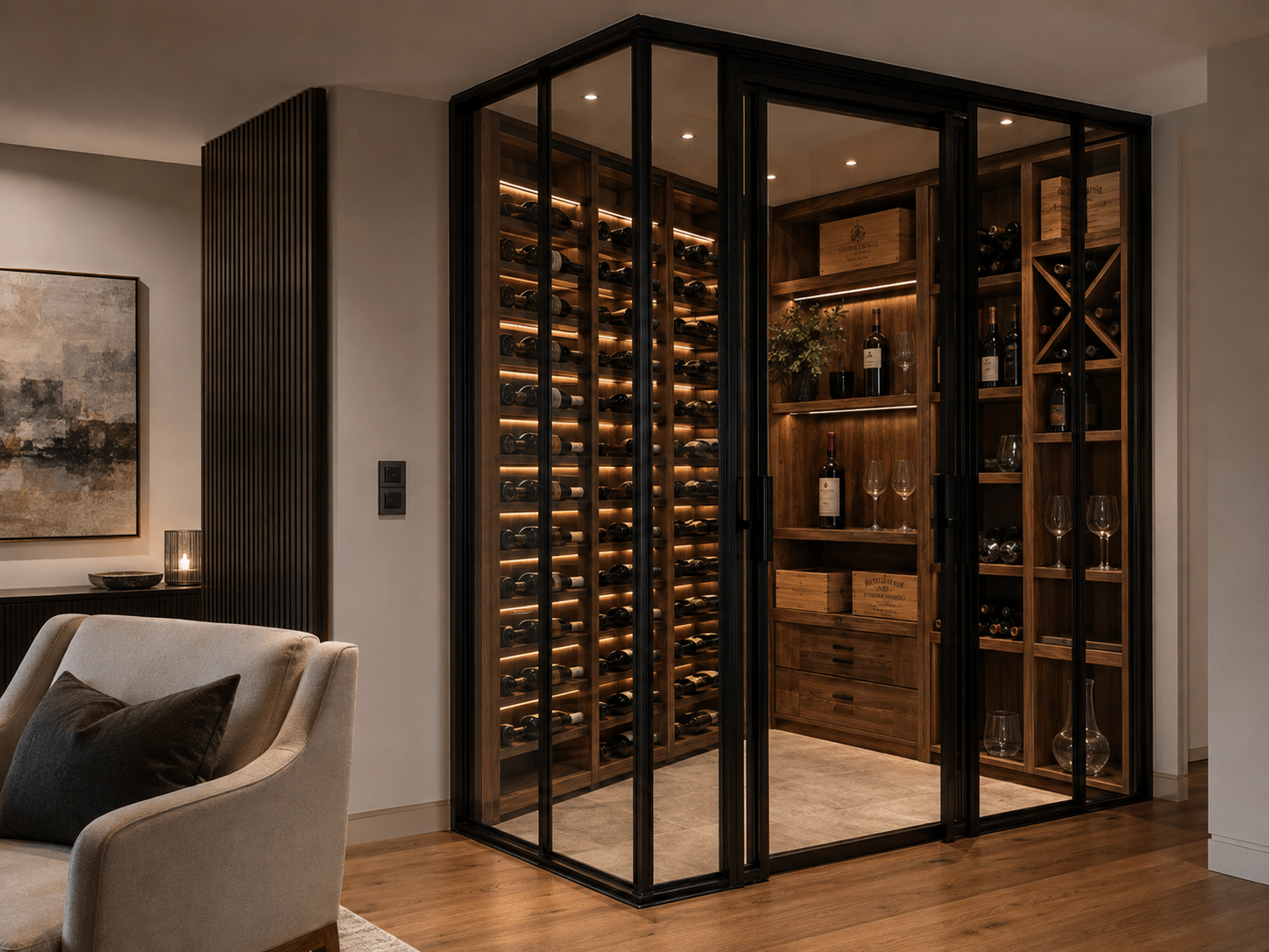 Black steel and glass wine room integrated into a contemporary living interior