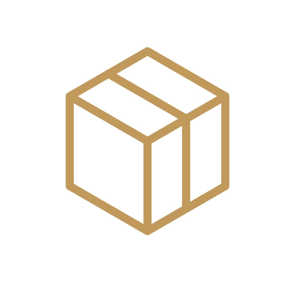 An isometric outline drawing of a cardboard box with tape on top, in beige color on a black background.