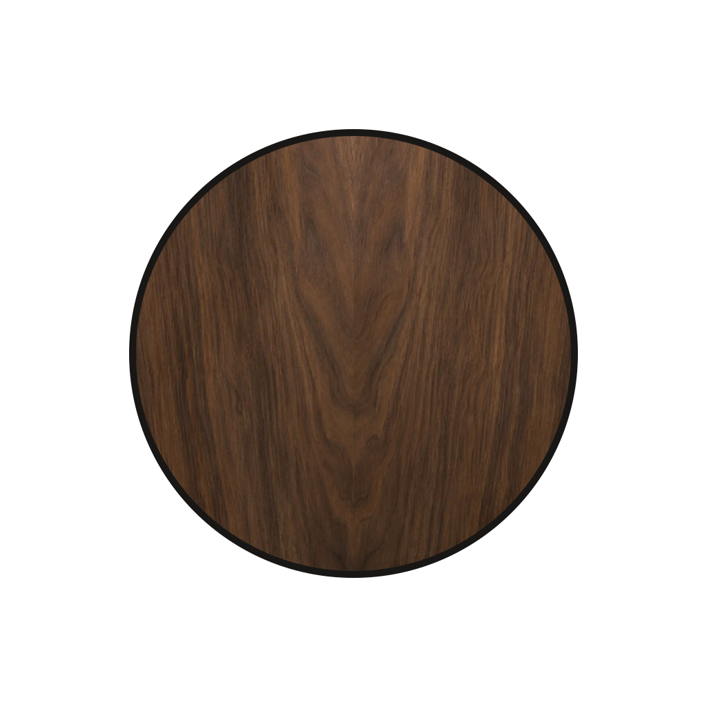 Top view of a round wooden table with a smooth, polished surface and a natural wood grain pattern.