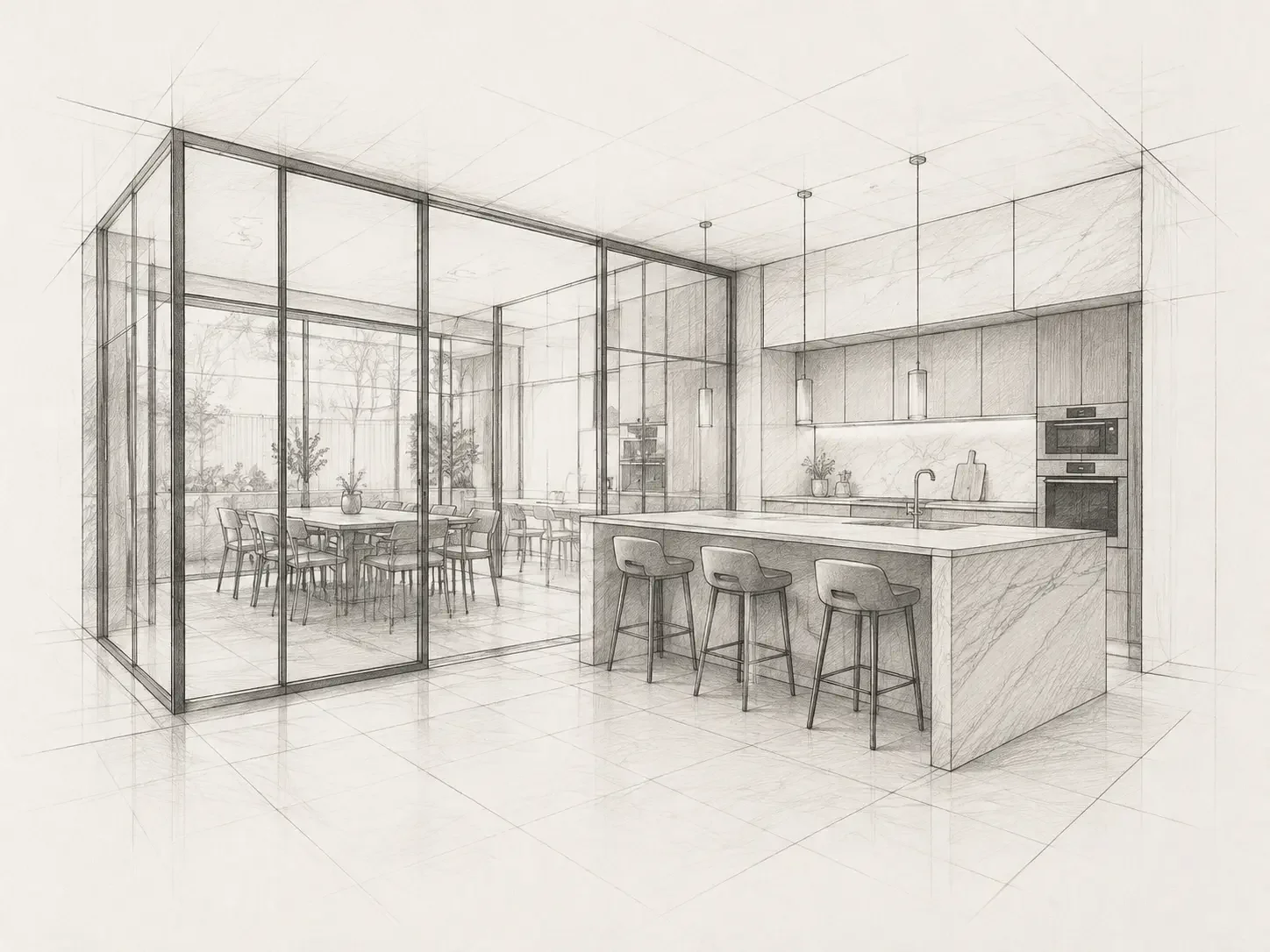Architectural concept sketch for a bespoke steel, glass and marble kitchen