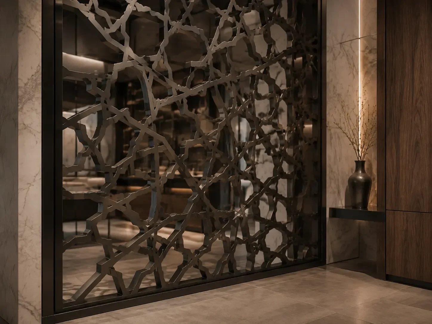 Decorative CNC-cut metal screen integrated into a premium architectural interior
