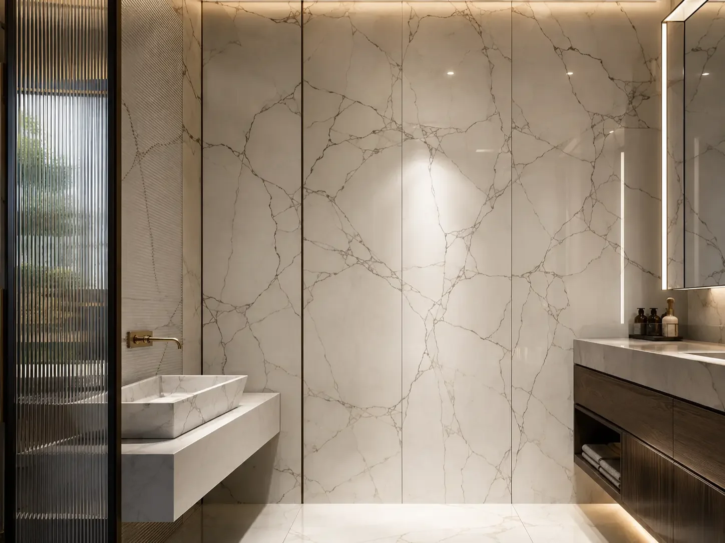 Large-format marble-effect porcelain slabs with integrated lighting and bespoke vanity