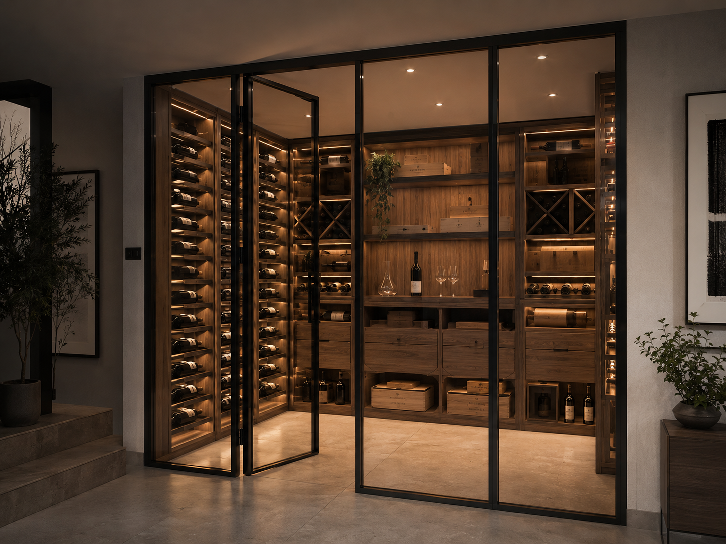espoke wine display room enclosed with black steel-framed glass doors