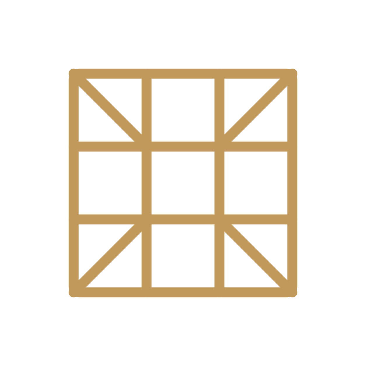 Outline drawing of a cardboard shipping box with fold lines and diagonal reinforcements on each corner.