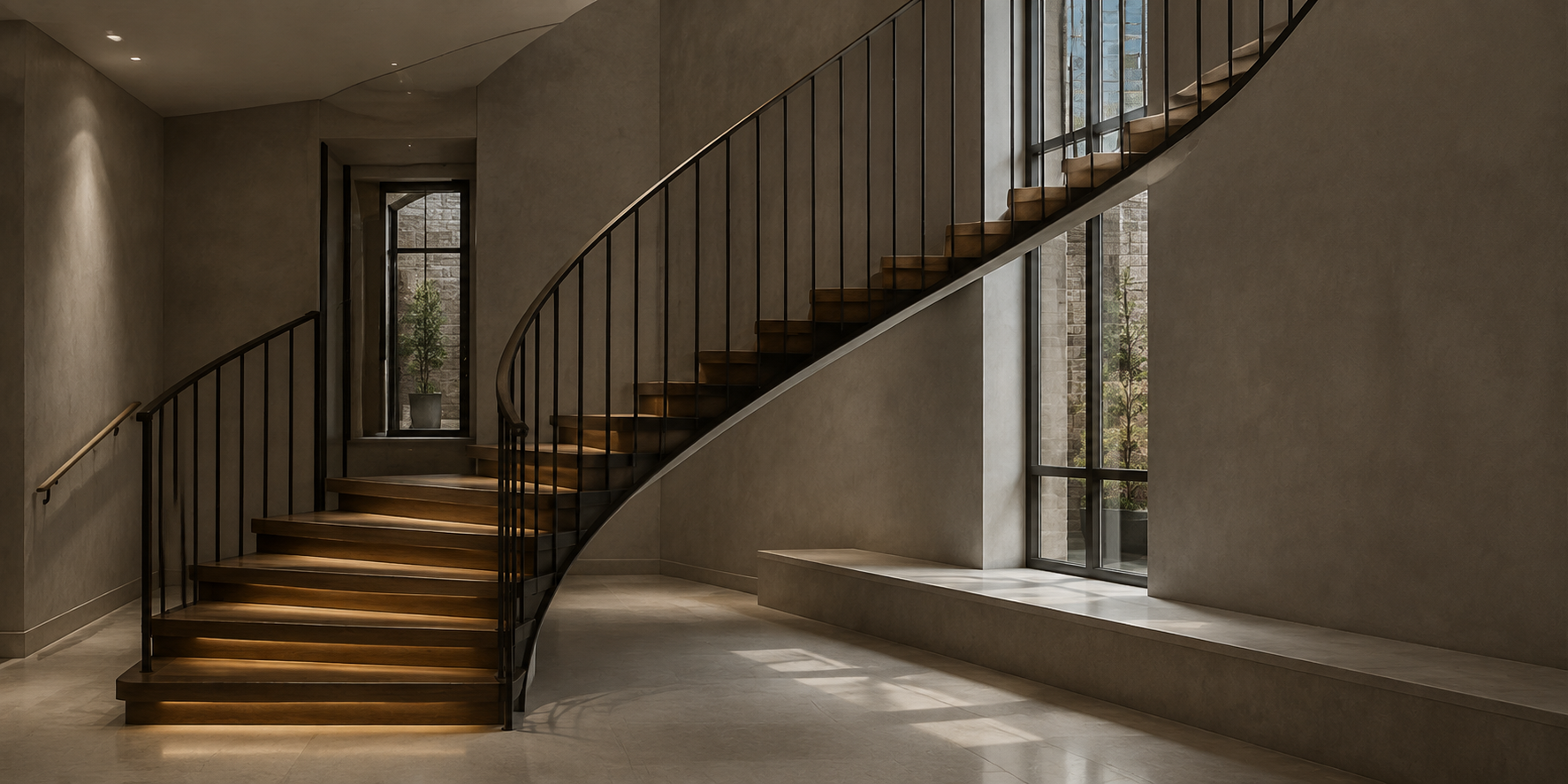Curved timber staircase with a slim black steel balustrade in a contemporary stone-finished hallway