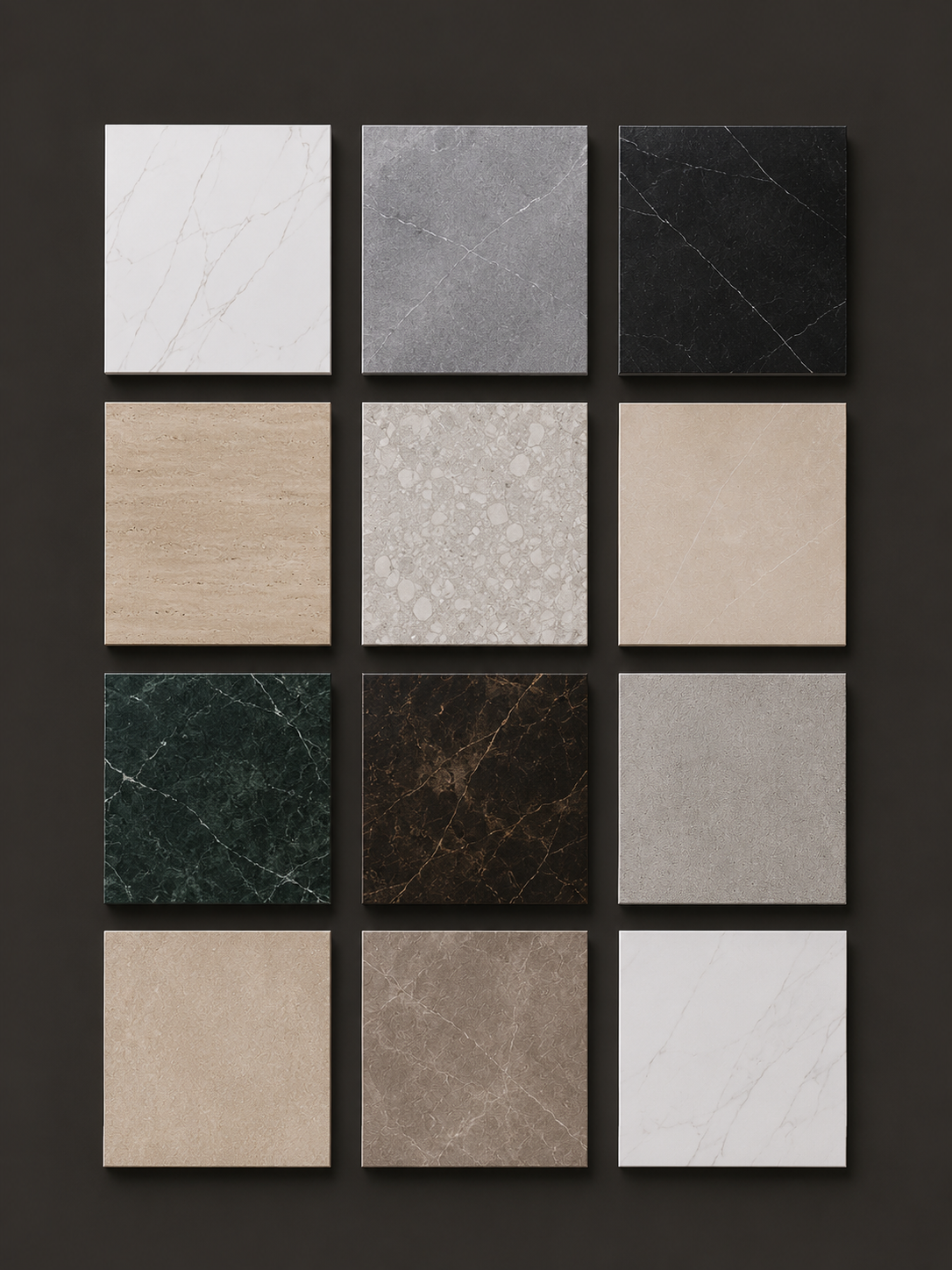 A grid of twelve marble tiles in various colors and patterns, arranged on a dark background.