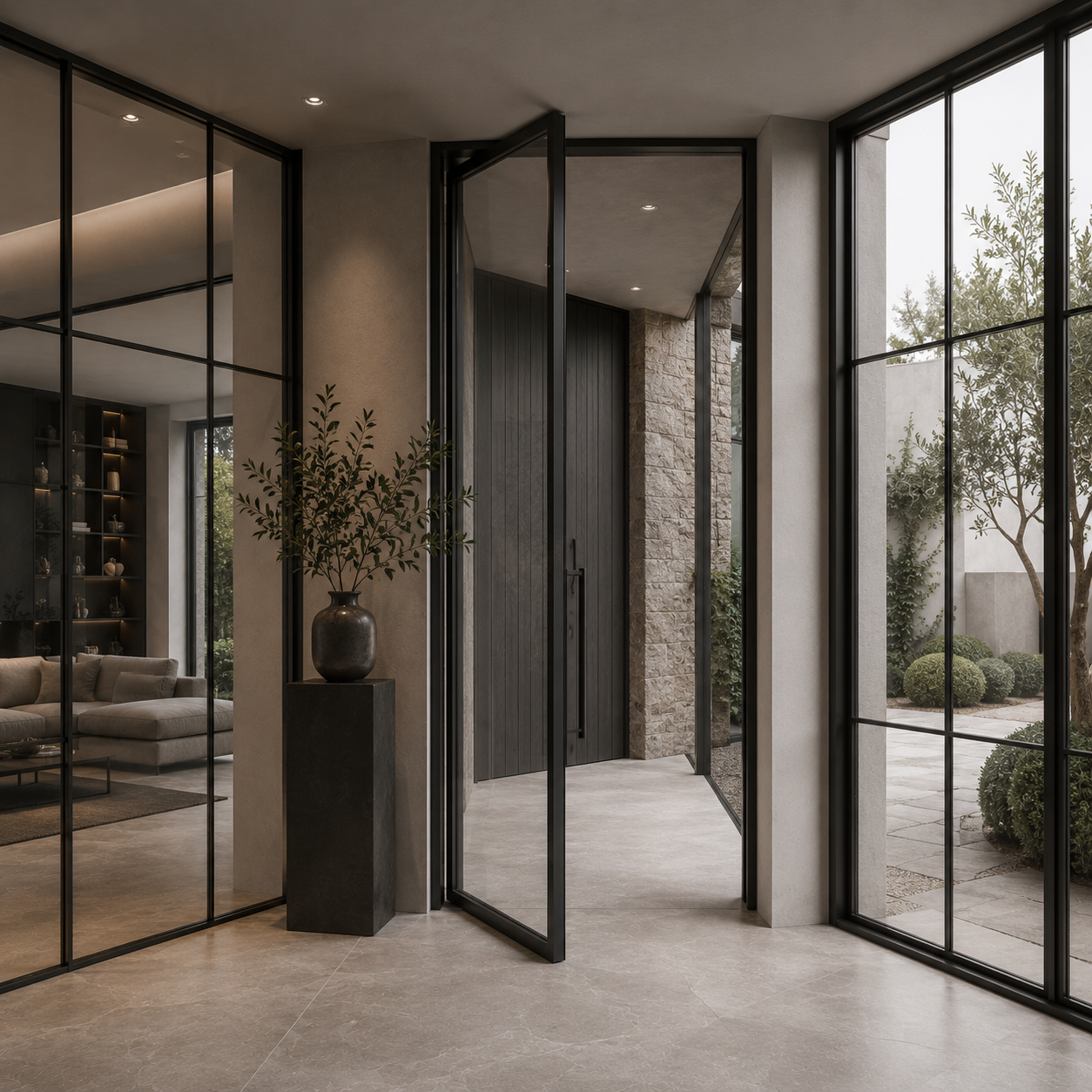 Modern entryway with black-framed glass doors and large windows, leading to a landscaped outdoor garden with bushes and trees, and a view of a living area with a beige sofa and black shelving.