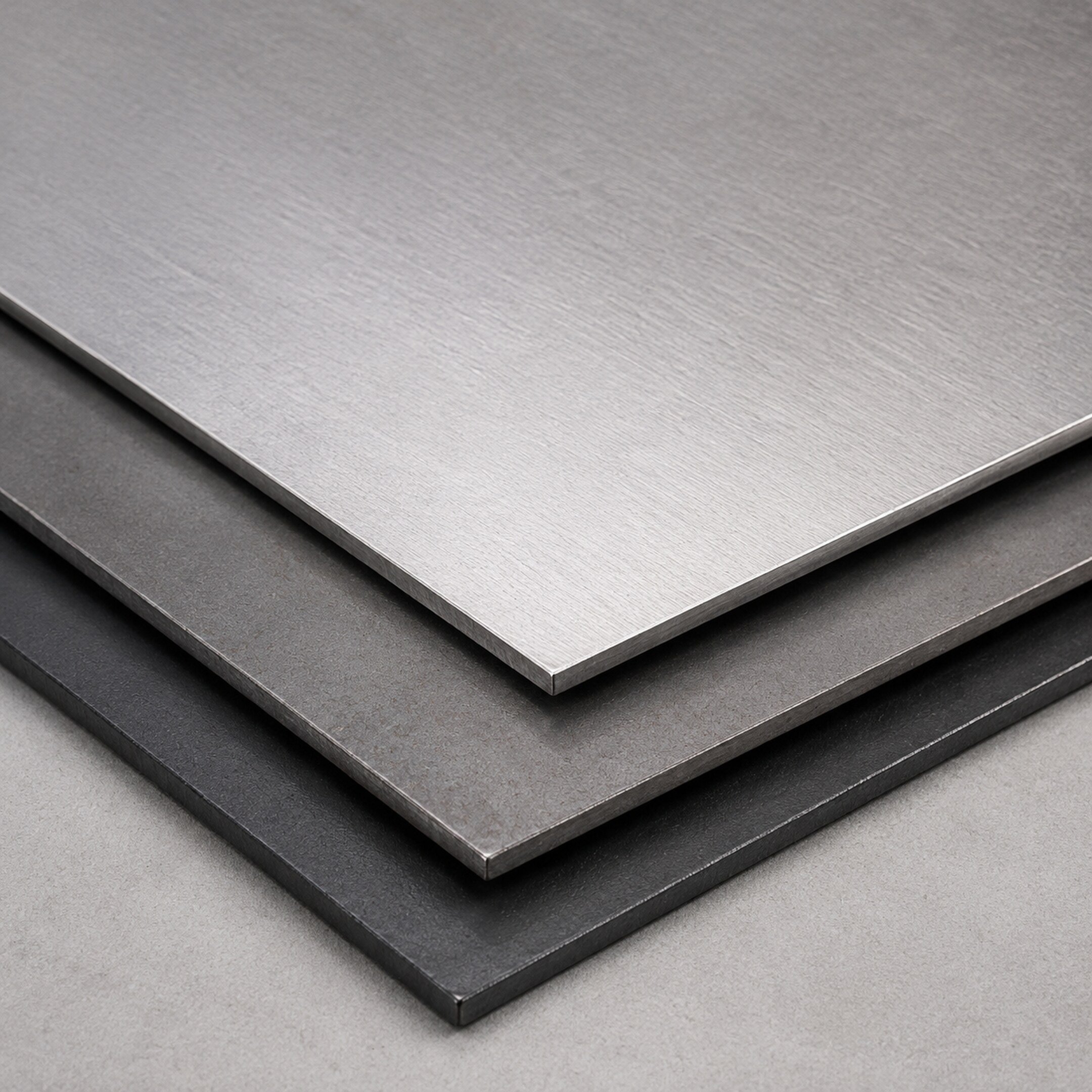 Close-up of layered architectural steel sheets in brushed, raw and blackened finishes.