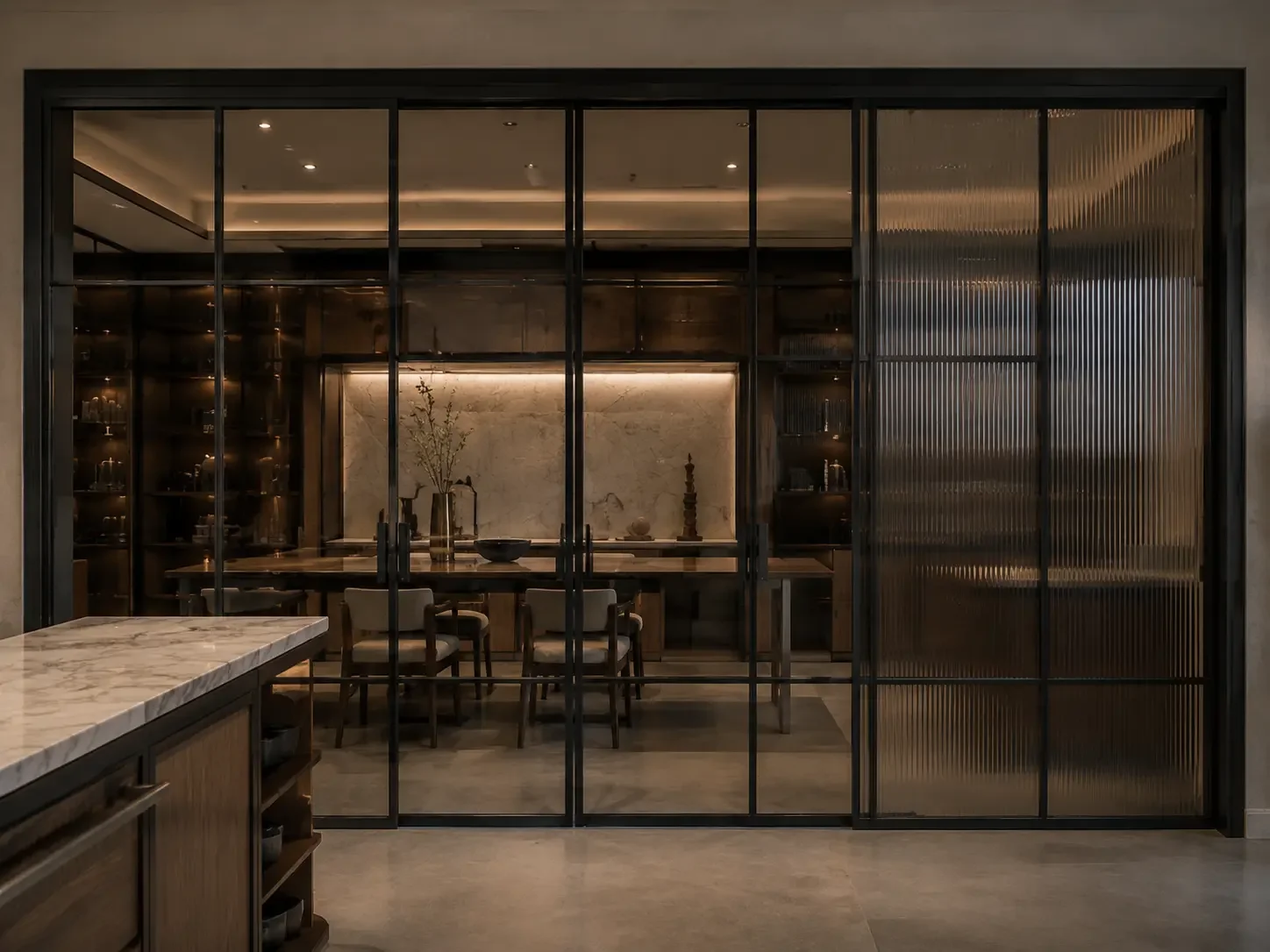 Black steel-framed glass room divider with fluted glass panels in a luxury interior