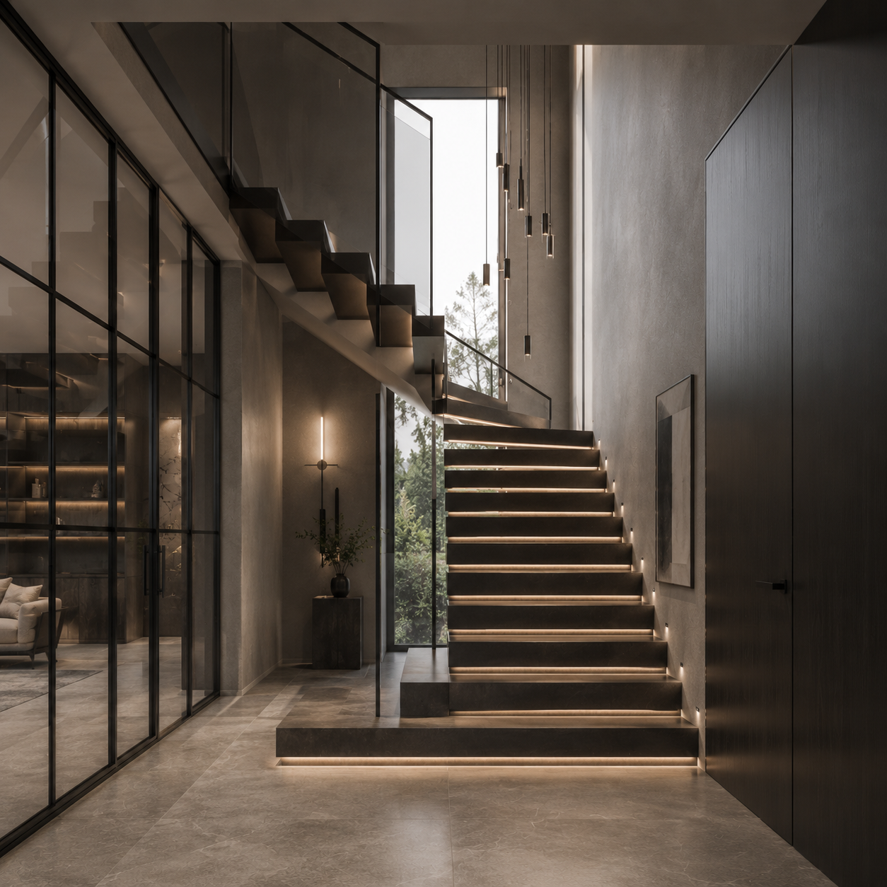 Modern interior staircase with floating dark wood steps, integrated LED strip lighting, and a glass railing, adjacent to floor-to-ceiling windows and glass wall with black metal framing in a minimalist home.