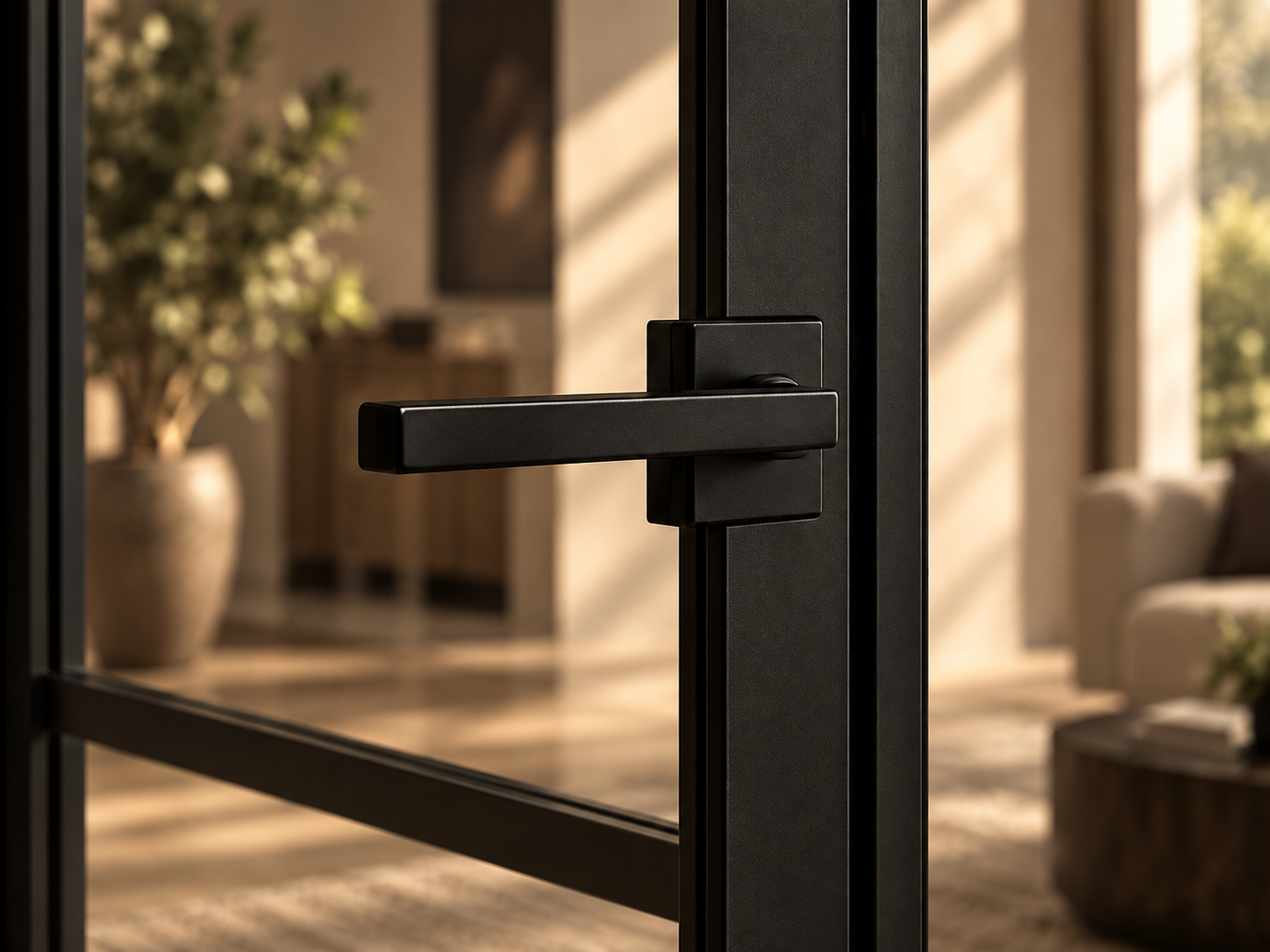 Minimal black lever handle fitted to a slim steel framed glass door