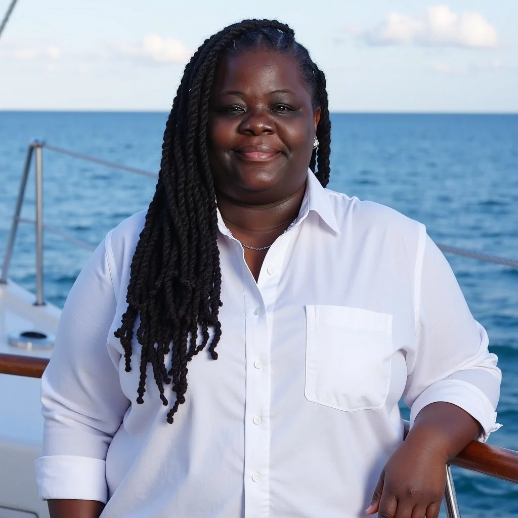 Woman with braided hair smiling on a boat with the ocean in the background.