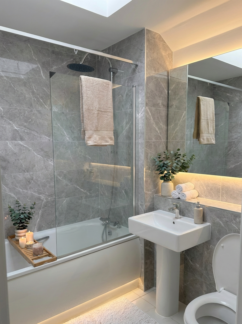 ✨ Sleek, modern bathroom with warm lighting & premium finishes