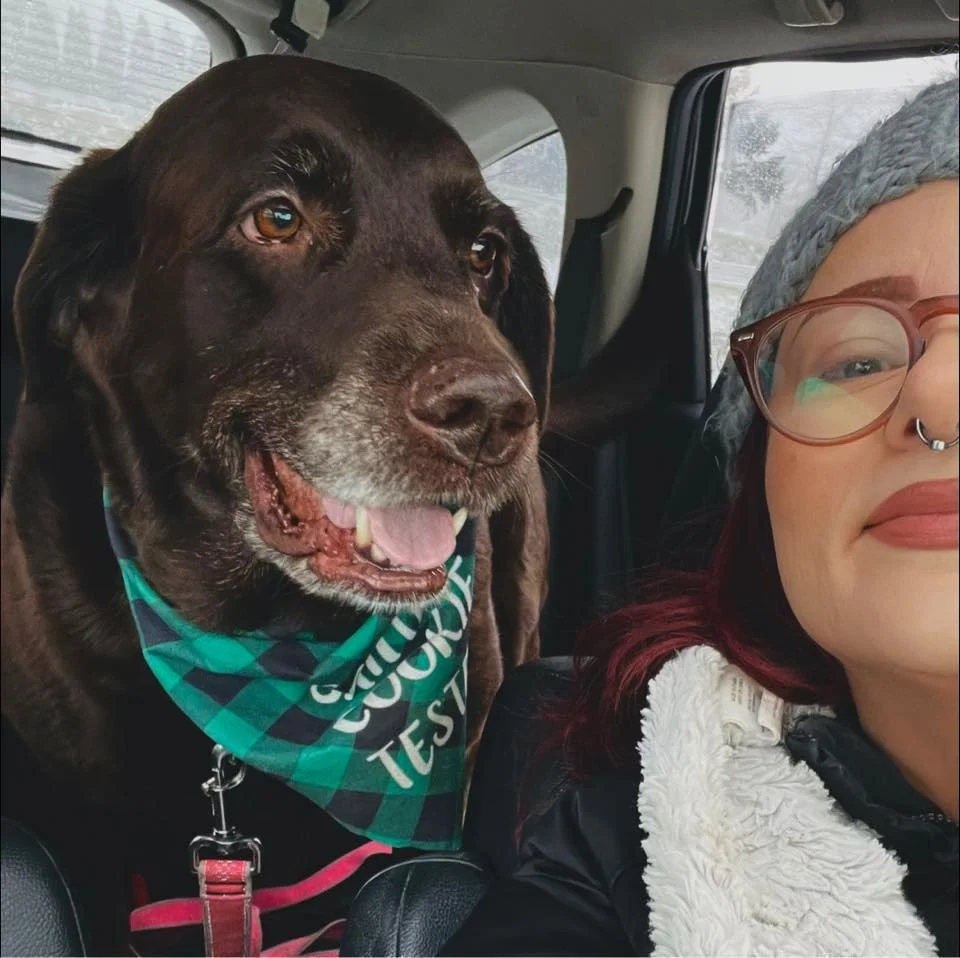 A woman with glasses, a nose ring, and a gray beanie smiling next to a happy chocolate Labrador dog in a car. The dog is wearing a green bandana with black text and has its mouth open.