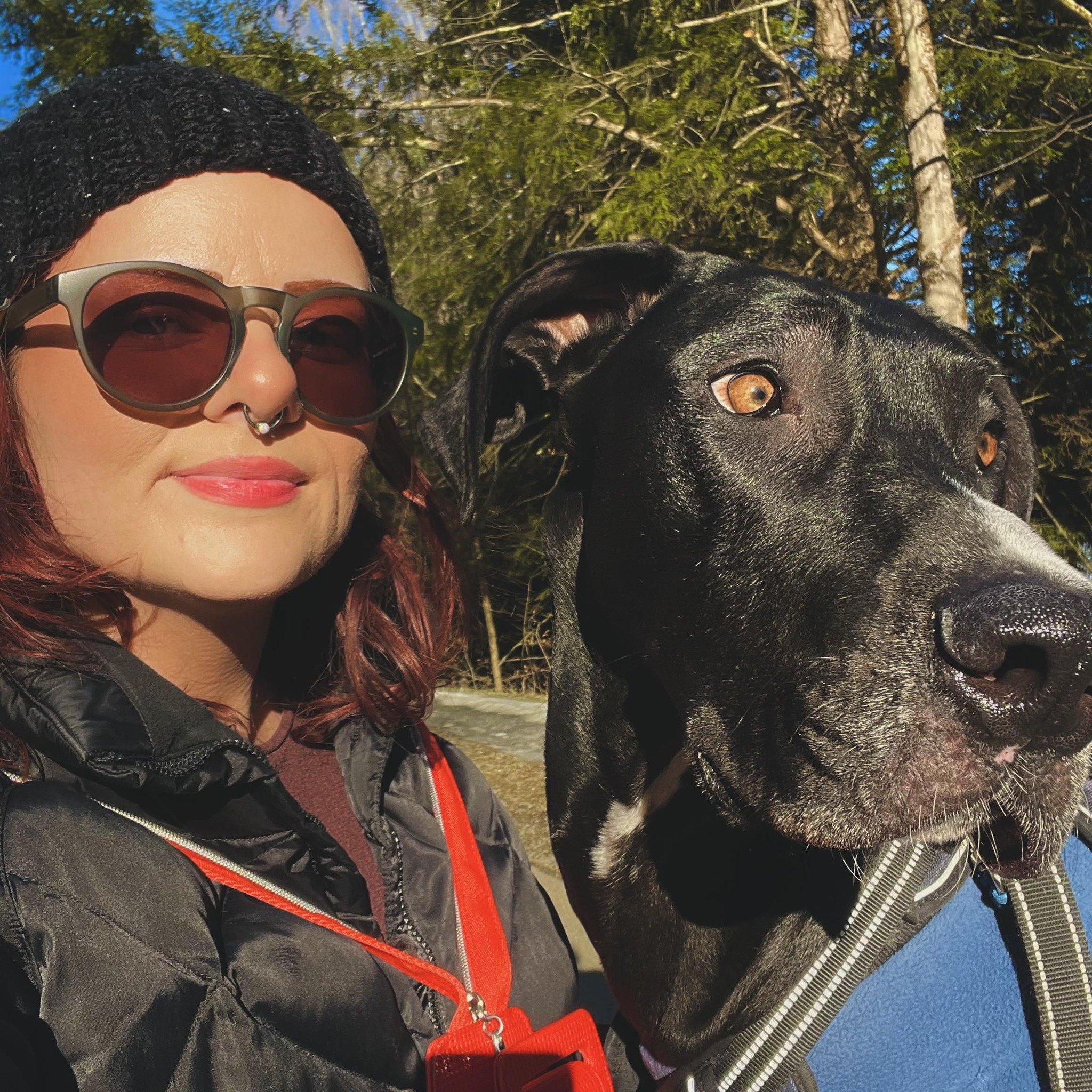 Close-up of a woman wearing sunglasses and a black beanie, with a black dog that has brown eyes and a shiny coat, outdoors in a wooded area with blue sky visible.