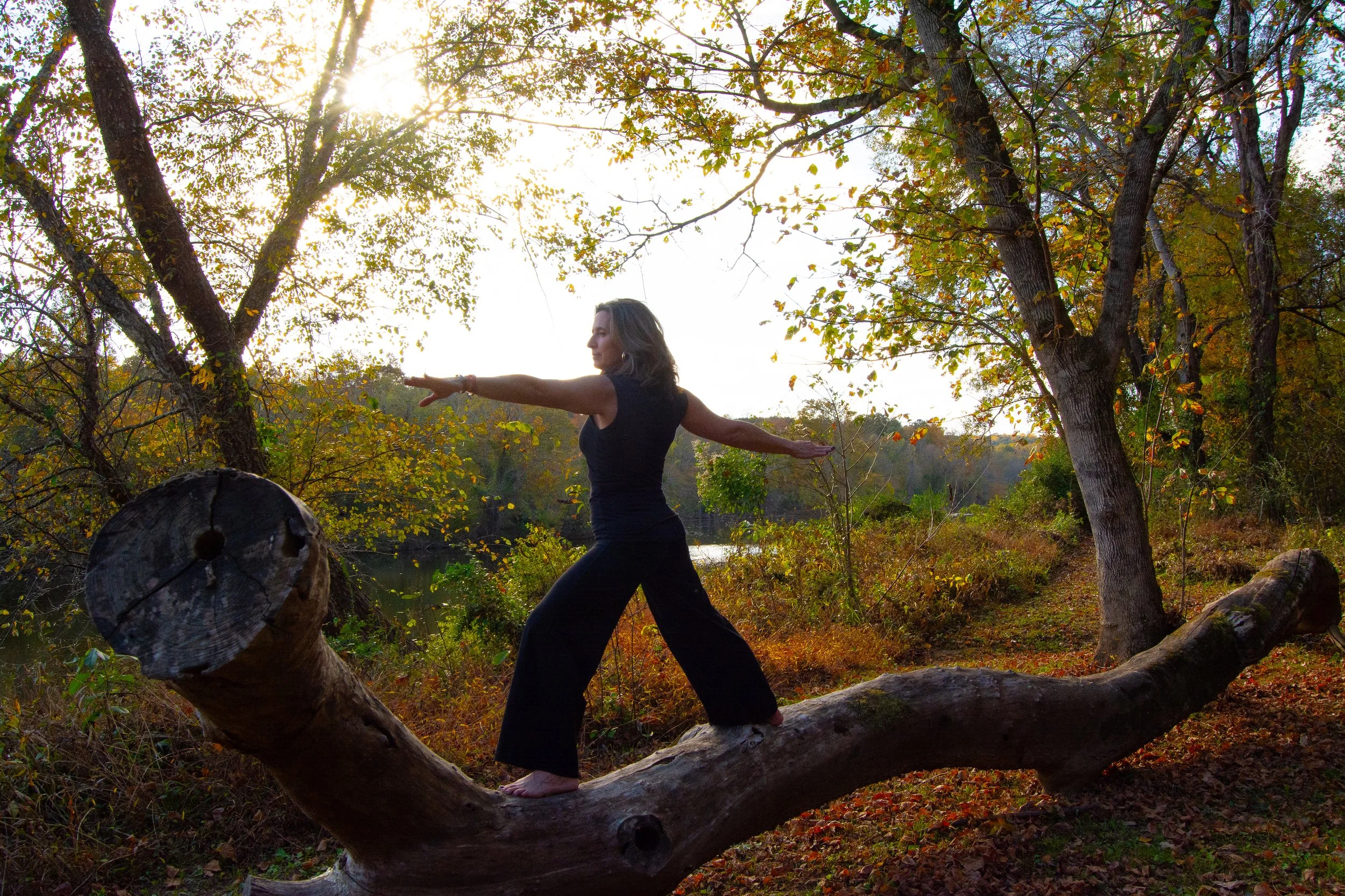Lexie practicing yoga outdoors on a fallen tree in a wooded area during autumn, with sunlight filtering through the trees.
