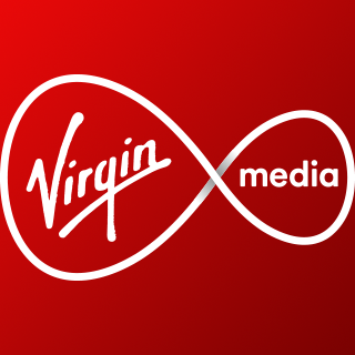 Virgin Media logo with white text and a double infinity symbol on a red background.