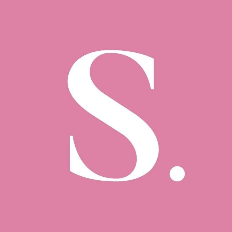 Large white letter 'S' with a period inside a pink square background.