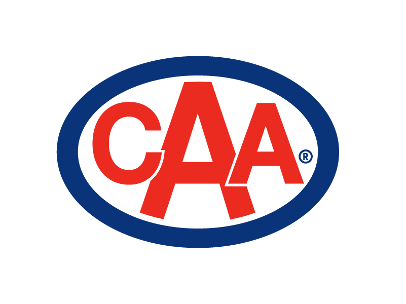 CAA logo with red letters inside an oval blue outline on a black background.
