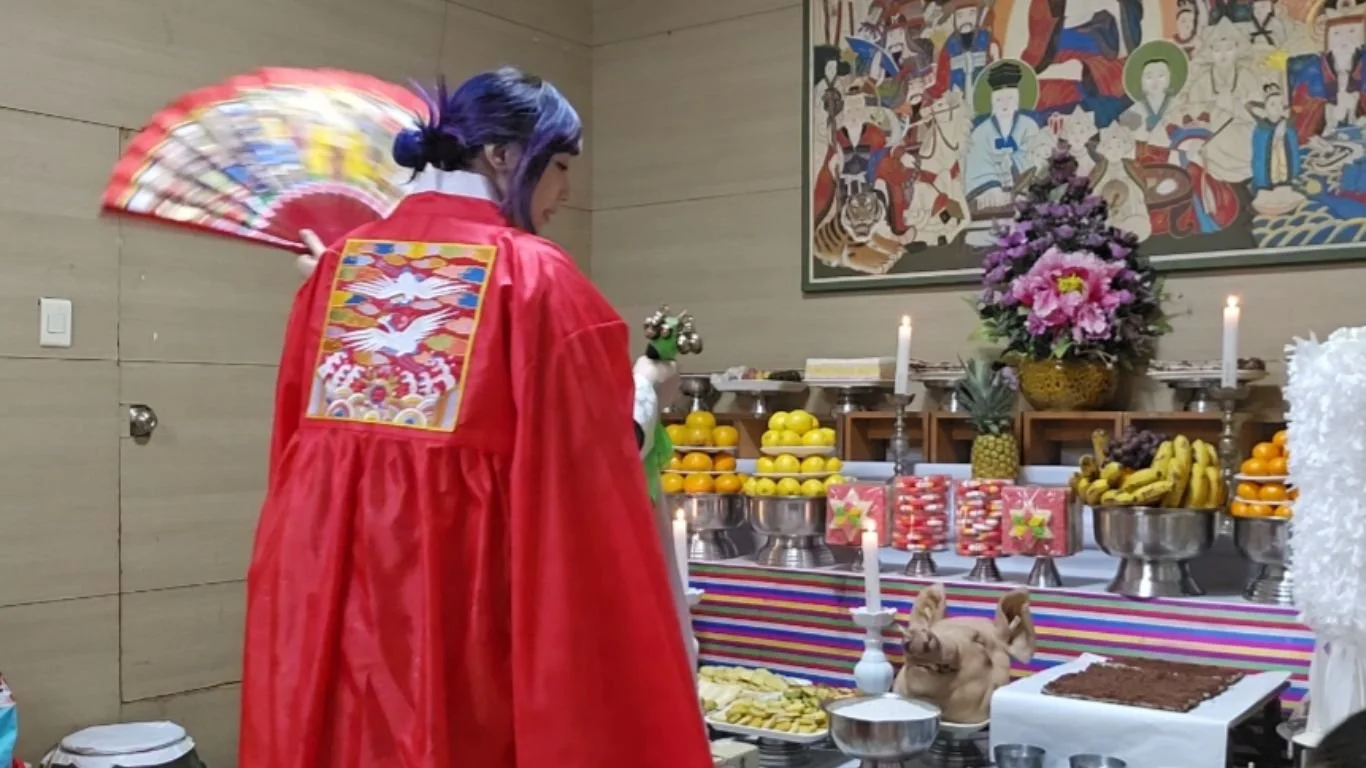 Authentic Korean shaman altar prepared for traditional Mudang ceremonies, spiritual healing, ancestral rituals, and divine guidance.