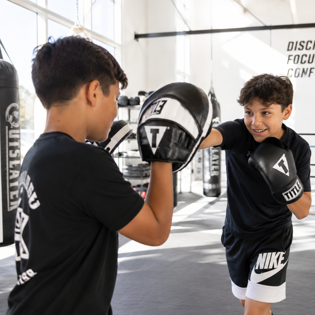 Two young boys practicing boxing in a gym, one throwing a punch and the other wearing boxing gloves and mitts, with boxing equipment and banners in the background.