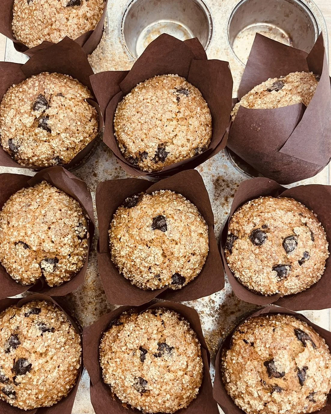 A tray of freshly baked chocolate chip muffins topped with sugar, each in a brown paper cup.