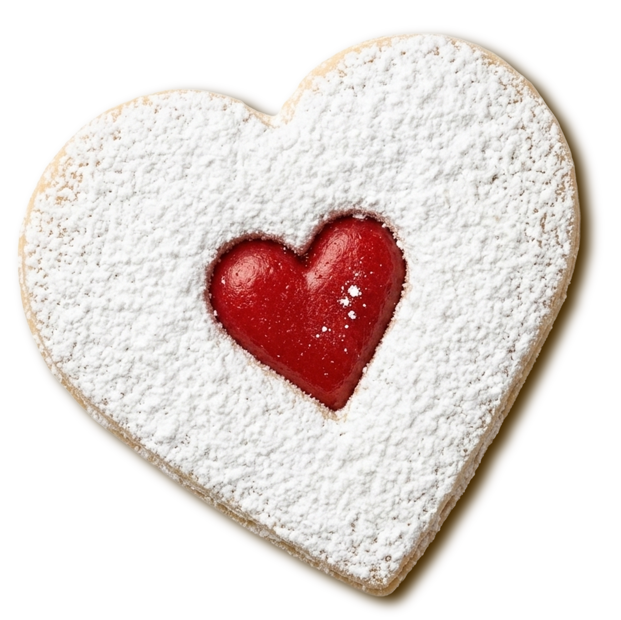 Heart-shaped cookie topped with powdered sugar and filled with red jam.