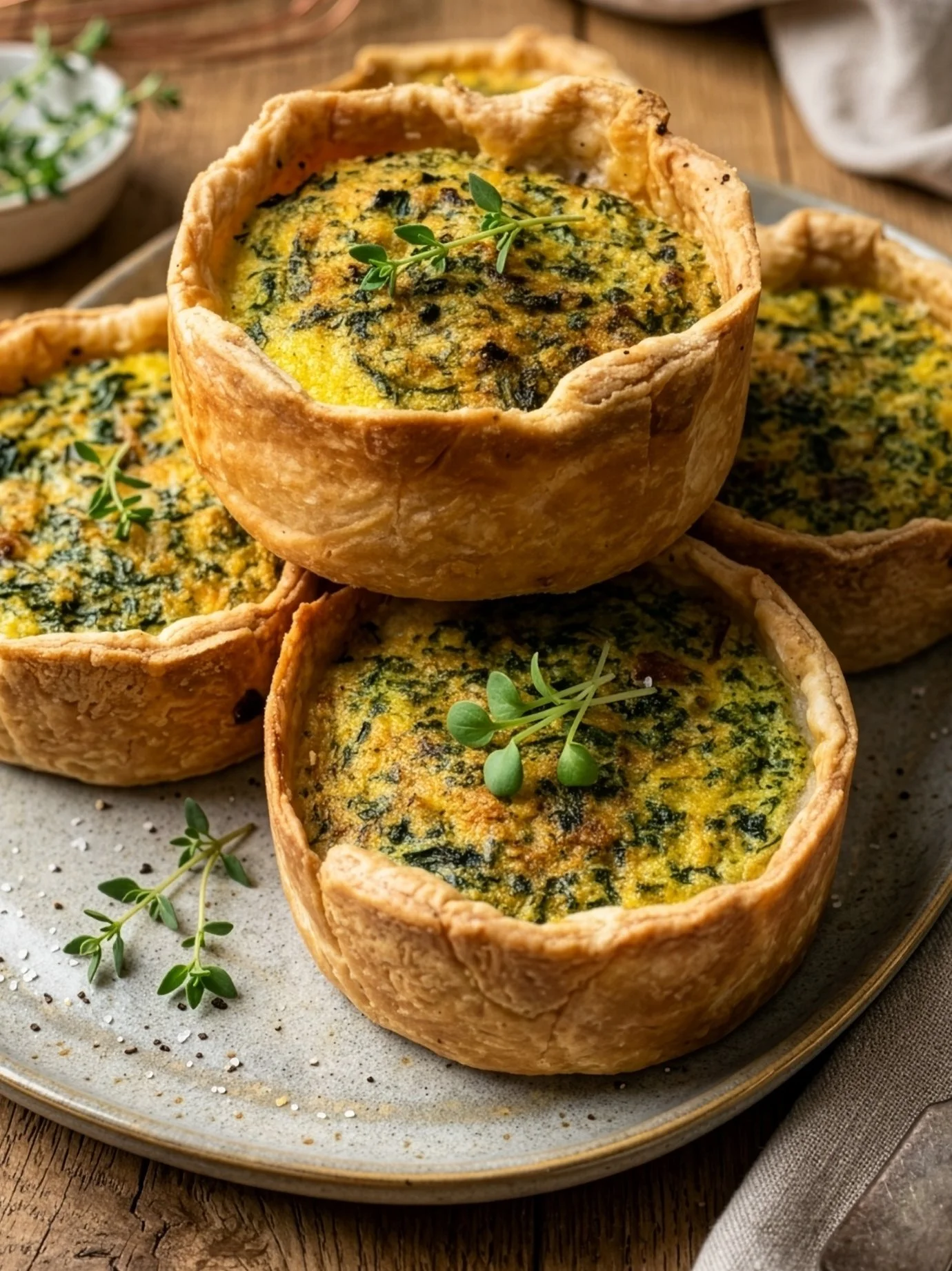 Spinach and feta cheese quiches in crispy pastry crusts garnished with fresh thyme on a ceramic plate.