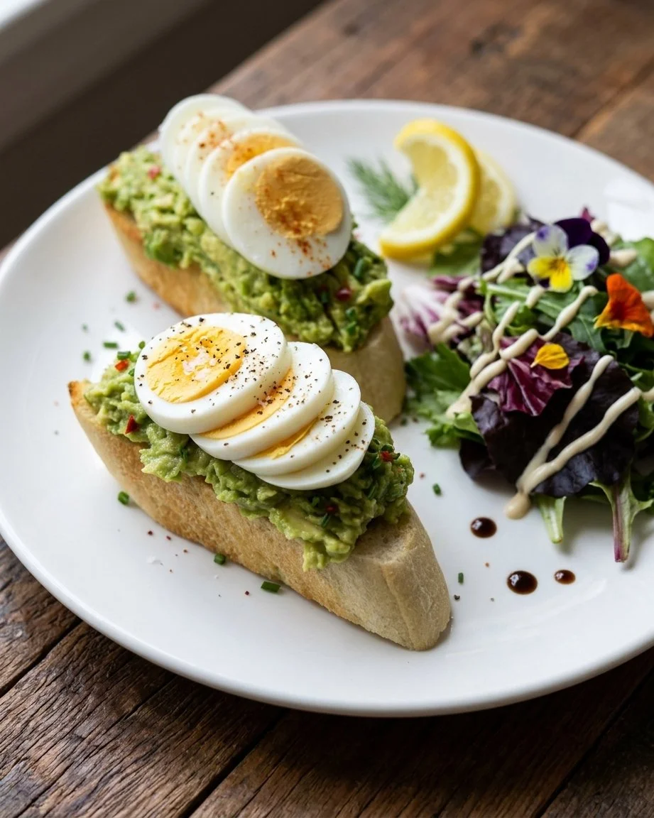 Open-faced sandwiches with mashed avocado and sliced hard-boiled eggs, served with lemon wedges and a side salad with flowers and dressing on a white plate.