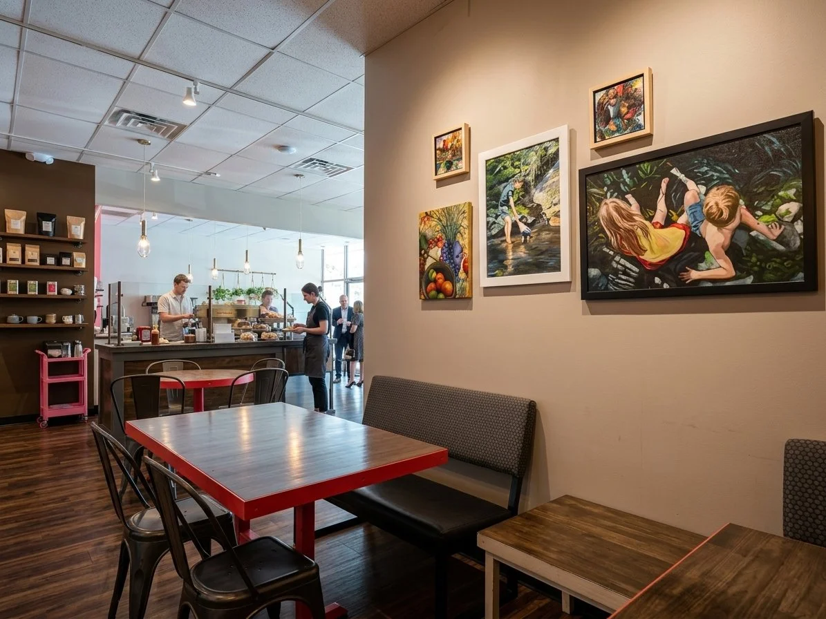 Interior of a cozy café with wooden furniture and wall art depicting children playing outdoors, with several customers and baristas in the background.