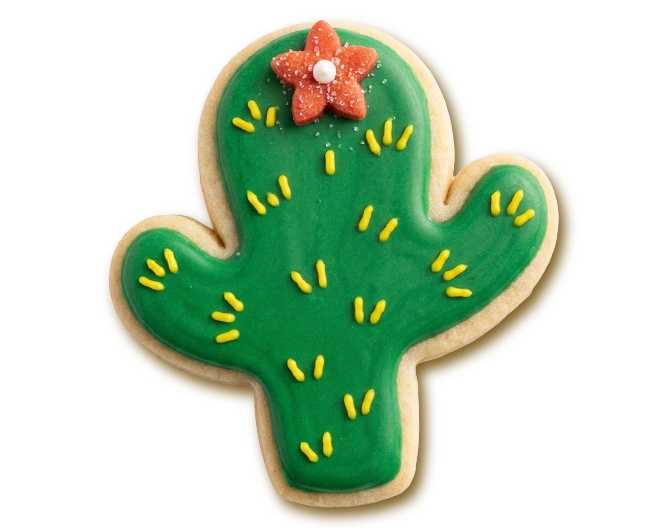 Cookie decorated as a cactus with green icing, yellow sprinkles, and a red flower with a white center on top.