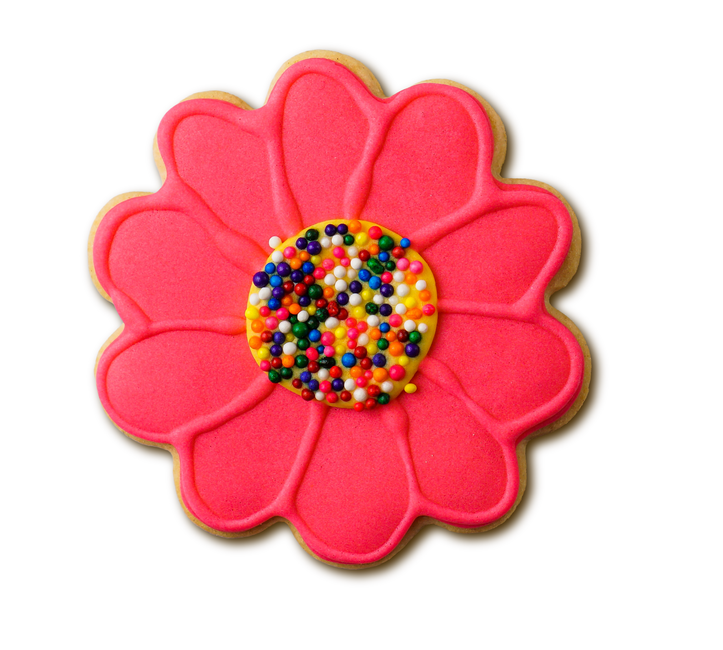 Pink flower-shaped cookie decorated with colorful round sprinkles in the center.