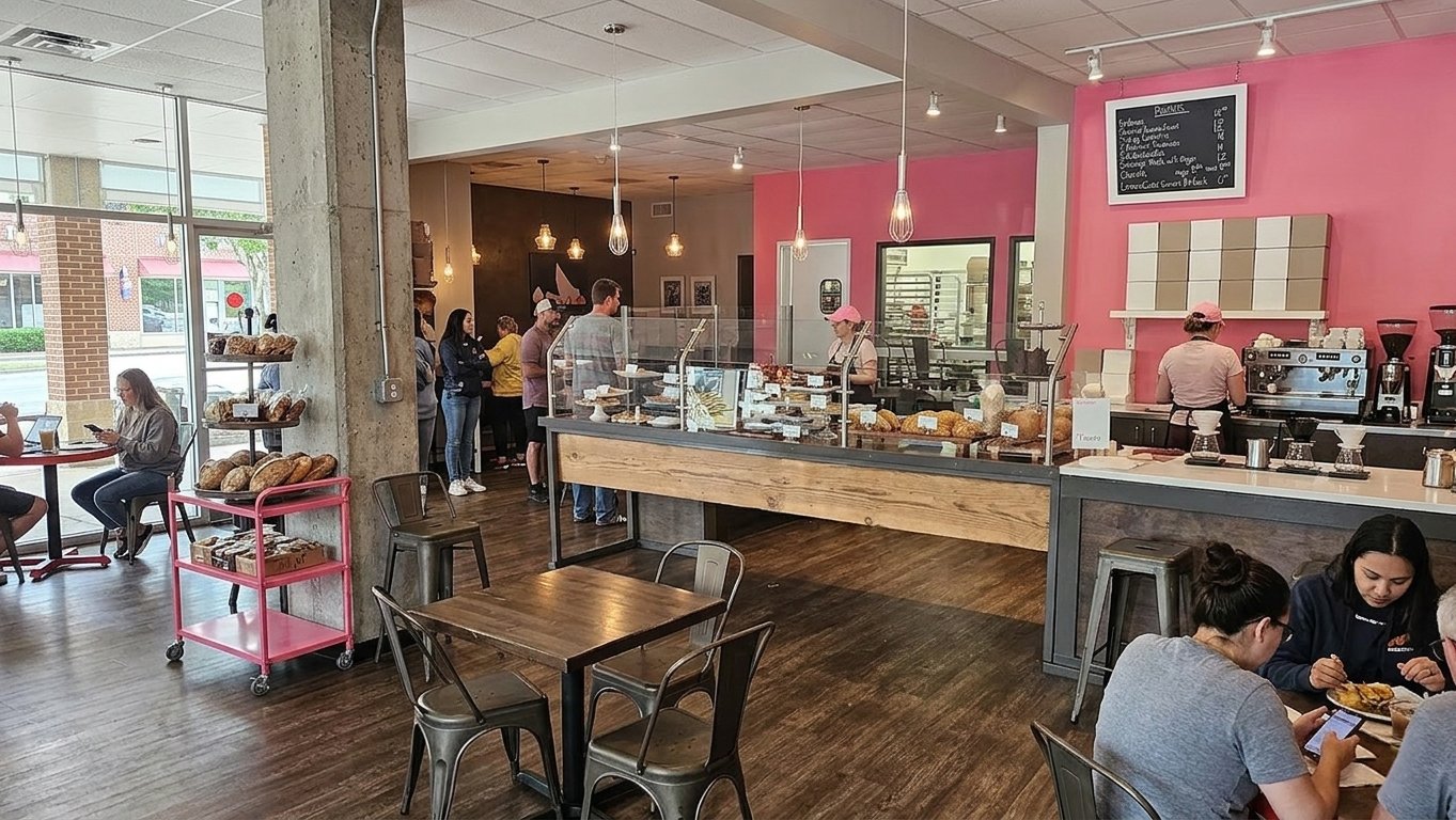 Inside a bakery or cafe with customers, bakery display with baked goods, seating area with people, and a counter with staff working behind it.