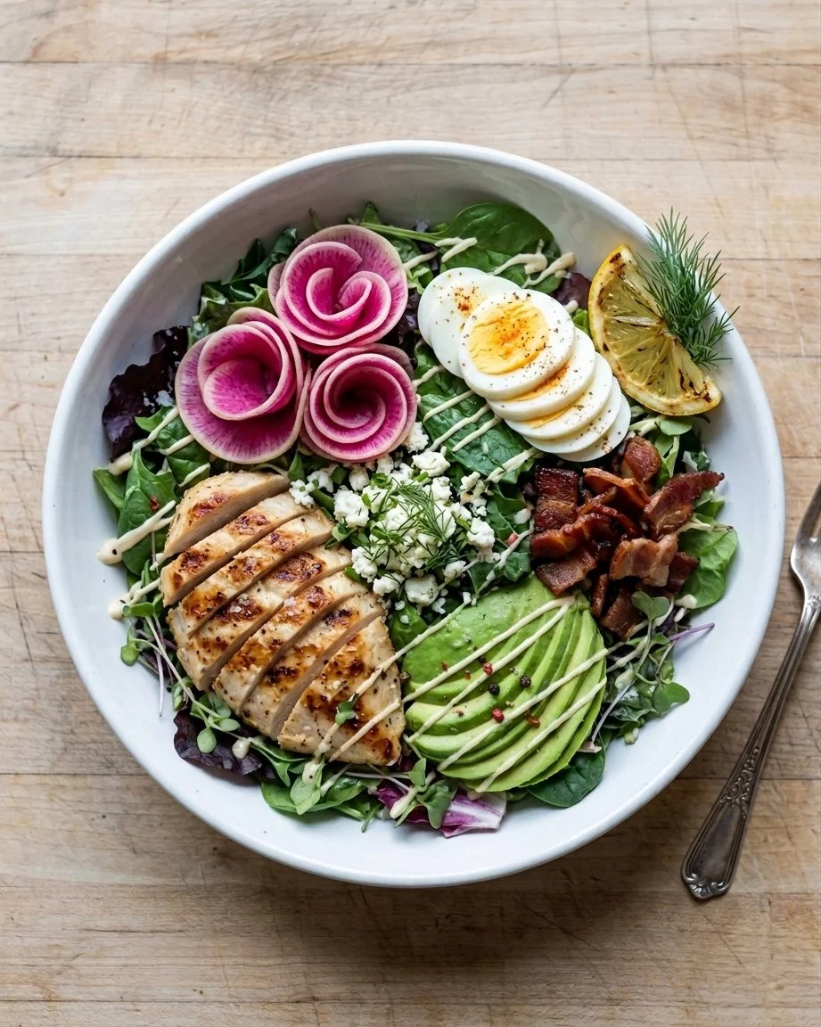 Salad with sliced grilled chicken, sliced avocado, boiled eggs, bacon, cucumber, radish rose, lemon wedge, fresh herbs, microgreens, and creamy dressing in a white bowl on a wooden table.